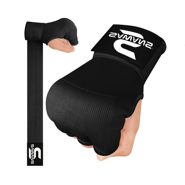 SAWANS Boxing Hand Wraps Inner Gloves for Hand Protection Long Wrist Straps Elasticated, Padded Martial Arts Combat Gloves Punching Bag Training Gel Mitts Muay Thai MMA (L/XL, Black)