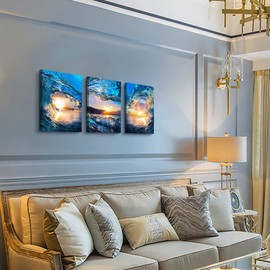 DZRWUBHS Canvas Wall Art For Living Room Wall Decor Bedroom Office Decoration Sunrise Ocean Waves Wall Paintings Blue Sea Beach Wall Pictures Canvas Prints Artwork Modern Room Home Decor 3 Pieces