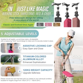 Ta-Da Chair Series 1 Pro, Portable Trekking Hiking Pole, Folding Walking Stick with Seat, Walking Cane with Chair, Foldable Chair, Lightweight Aluminum, Easy Carry and Storage, Anti-Slip, Brown