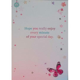 Open Female Birthday Card - Pink Blue Glitter Butterflies and Flowers 7.75x5.25"