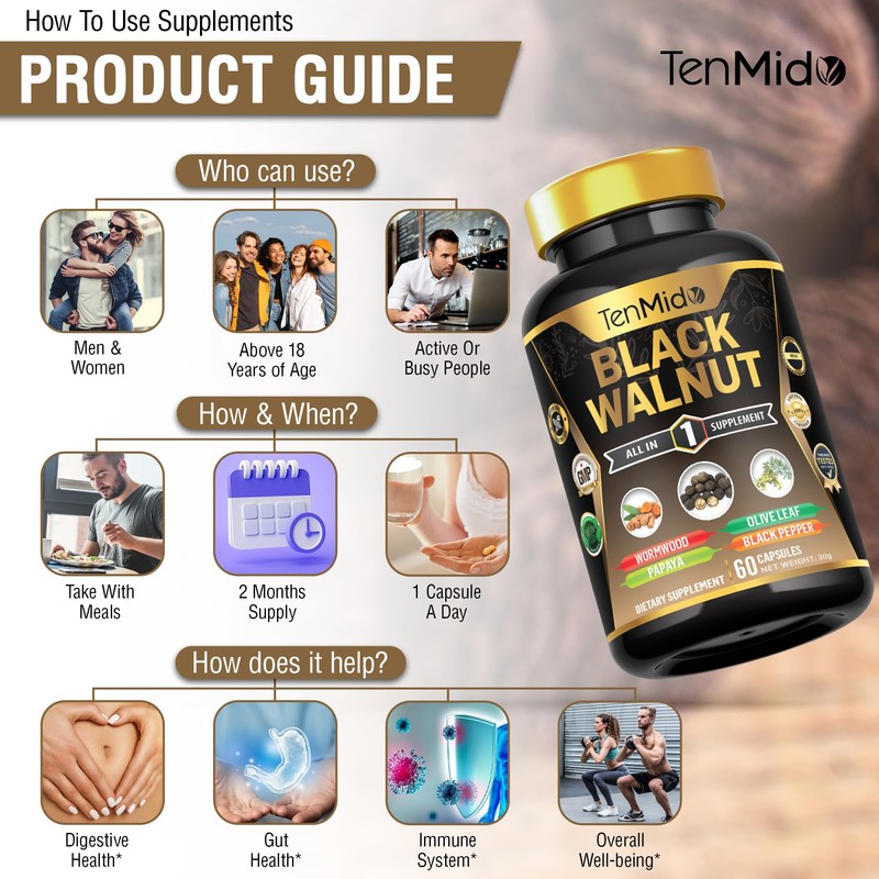 Black Walnut Supplement - 6in1 Blend with Wormwood, Turmeric, Papaya,