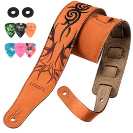 LEKATO Suede Guitar Strap, Jaffa Orange Tribal, Adjustable Length from 35'' to 51'', Bass Strap for Electric, Acoustic Guitar, 2.5'' Wide, Padded, with Pick Holder