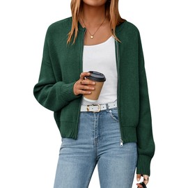NALANISA Women's Cropped Cardigan Sweaters Open Front Long Sleeve Ribbed Knit Zipper Chunky Cardigans Outerwear 2025 Fall Outfits (Dark Green,L)