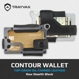Trayvax Contour Wallet, RFID Blocking Front Pocket Money and Credit Card Holder, Minimalist Slim Leather Metal Wallet for Men and Women, Raw Stealth Black