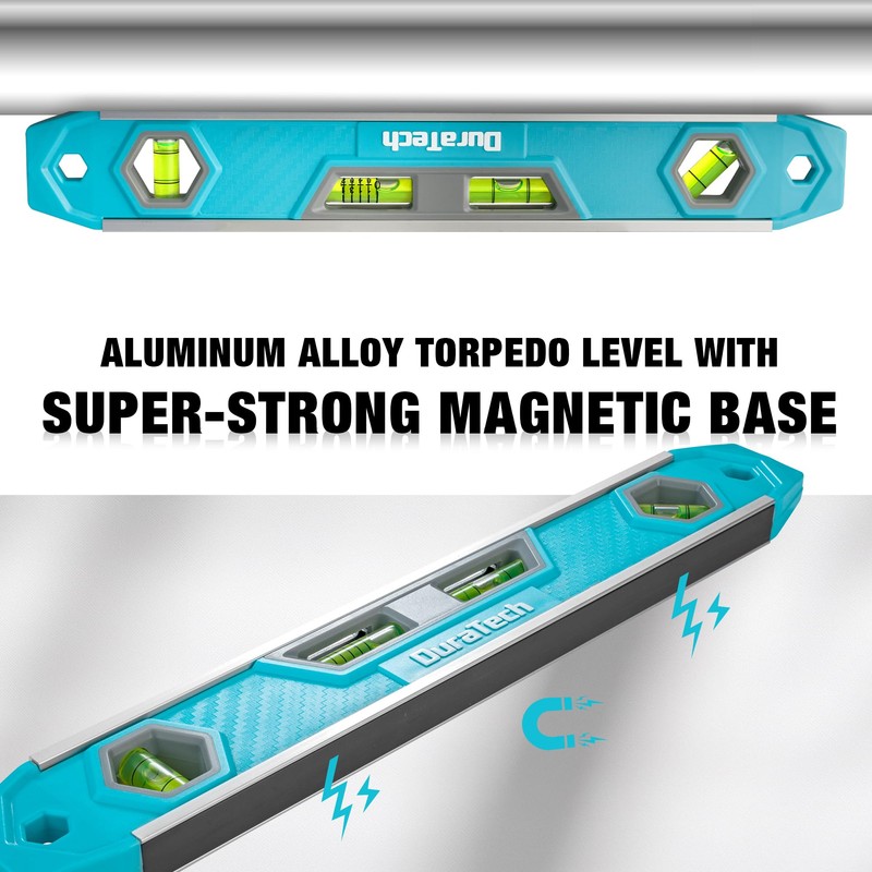 DURATECH 12-Inch Magnetic Torpedo Level with 0°/45°/90° Bubbles & V-Groove