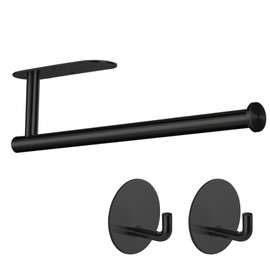 Soporte para toallas de papel con 2 ganchos debajo del gabinete para cocina, autoadhesivo o tornillos, soporte para rollo de cocina, baño de acero ino