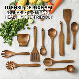 18 PCS Acacia Wooden Spoons for Cooking - Heat-Resistant, Comfort Grip,Easy to Clean, Non-stick Friendly - Kitchen Utensil Set with Holder, Spoon Rest & 6 Hooks, Ideal for Gifting