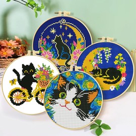Zhenqing 4 pcs Cross Stitch Set with Pattern, Stamped Cross Stitch Kits for Adults (Cat)