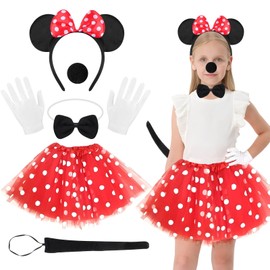 GUBOOM Children's Girls Mouse Costume, Mini Mouse Costume, Kids Girls, Red Tutu with White Polka Dots, Mini Mouse Ears, Gloves, Nose, Ties, Tail, for Carnival Themed Cosplay Party