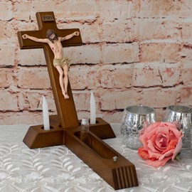 Roman - Sick Call Crucifix Set, 8.5 x 14 Resin Wall Crucifix with Candles and Mini Bottle, 4-Piece Set