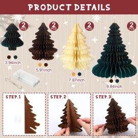 Faccito 8 Pcs Paper Christmas Honeycomb Trees Centerpiece LED Lighted Honeycomb Christmas Tree with 2 LED Light Strings Holiday Hanging Decoration Table Centerpiece (Classic Color)