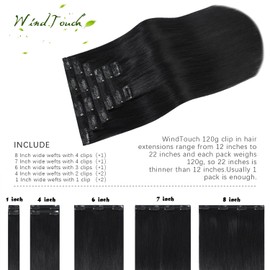 WindTouch Natural Black Clip in Hair Extensions Human Hair, 18 Inch 120g Black Hair Extensions for Women Clip in Extensions, Natural Straight Remy Human Hair Clip in Hair Extensions Black Women
