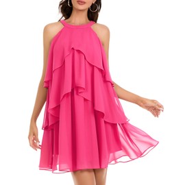 DRESSTELLS Women's Summer Casual Halter Ruffle Tiered Dress, 2025 Beach Wedding Cocktail Party Flowy Chiffon Aline Swing Short Dresses Rose Size in L
