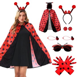 MEISHANG Ladybird Costume Women, Ladybug Costume Accessories with Glasses Card Issue Gloves, Carnival Ladybird Cape with Hood, Fancy Dress Costumes Women's Ladybird for Carnival, Theme Party