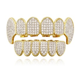 Huliyhus Diamond Grills for Your Teeth 18K Gold Plated Hip Hop Teeth Grillz Caps Iced Out CZ Top and Bottom Vampire Fangs Grillz for Men Women (01, Gold & Diamond), One Size