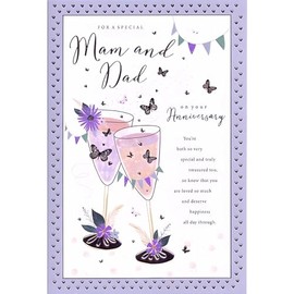 Mam and Dad Anniversary Card - Champagne Glasses and Butterflies - Contemporary Design - Special Finishes and Illustrated Insert Leaf - Made in the UK