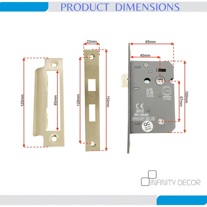 Infinity Decor Fire Rated Satin Brass 3 Lever Mortice Bathroom