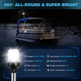 SETYPARY 24 Inches Anchor Light Boat Stern Light Waterproof, White Fold Down Marine Navigation Lights for Boats LED for Pontoon, Jon Boat and Bass Boat (12-24V)