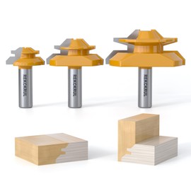 REKCKRUL 3 PCS Professional 45 Degree Lock Miter Router Bit Set - Carbide Tipped, 1/2" Shank, Cutting Height: 1/2", 3/4", 1", Woodworking Tools for Cabinets, Drawers, Doors & Furniture