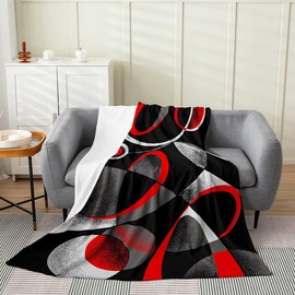 Geometric Flannel Fleece Throw Blanket Kids,Geometry Circle Grey Black Red Fuzzy Blanket for Bed Sofa Couch,Stripe Line Bed Blanket Breathable Modern Art Plush Blanket Room Decor Throw 50"x60"