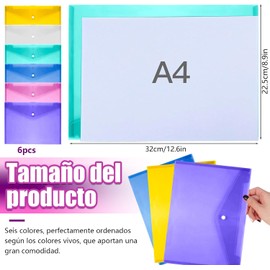 Carpeta de Plástico, A4 Sobres Folder Transparentes Plastico con Botón A Presión, 6 Piezas Carpeta de Color Transparente para Organizar La Escuela, El Hogar, El Trabajo y La Oficina (6 Colores)
