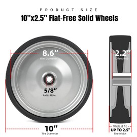AR-PRO (2-Pack) 10"x2.5" Flat Free Solid Rubber Replacement Tires, 10" Solid Wheels for Hand Trucks Dolly and Wheelbarrows with 2.2" Offset Sub 5/8" Axles Hole