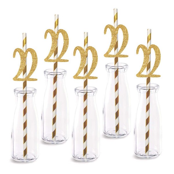 22nd Birthday Paper Straw Decor, 24-Pack Real Gold Glitter Cut-Out Numbers Happy 22 Years Party Decorative Straws