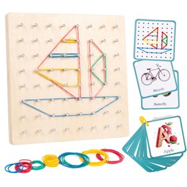 Auvewilo Wooden Geoboard | Cute Flashcards & Rubber Bands Included | Educational Toy to Foster Spatial Recognition, Dexterity, and Cognitive Development