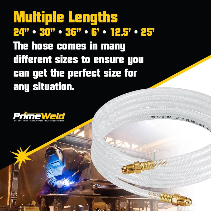 PrimeWeld Argon/Inert Gas Hose 36" Reinforced Clear Line With 5/8-18