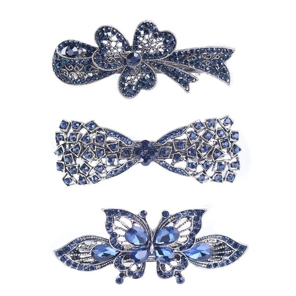 Set of 3 Vintage Butterfly Rhinestones Hair Barrettes Hair Clips Metal Crystal Flower French Clips Hair Pin (B#)