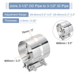 sourcing map 3-1/2" Exhaust Clamp, 304 Stainless Steel Butt Joint Band Clamp Sleeve Coupler Pipe Repair Clamp Universal Widening Clamp for 3-1/2" OD to 3-1/2" ID Exhaust Pipe Mufflers, Silver