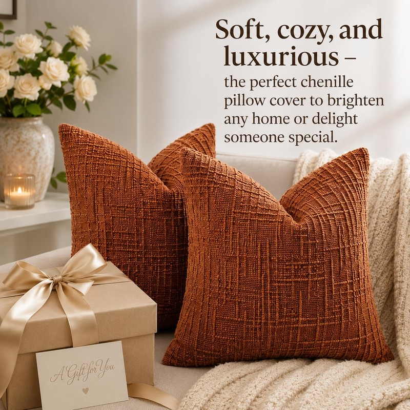 Chenille Throw Pillow Covers 18x18 Inch Orange, Set of 2