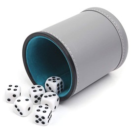 PU Leather Dice Cup with 6 Dice Felt Lining Silent Shaker for Yahtzee Game (Grey)