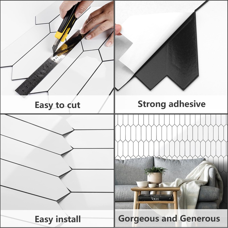 Vamos Tile Glossy White Backsplash Tile Peel and Stick, 12.8