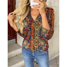 Zeagoo T Shirts for Women Long Sleeve Floral Tops Casual V Neck Tee Tshirts 2025 Fall Clothes