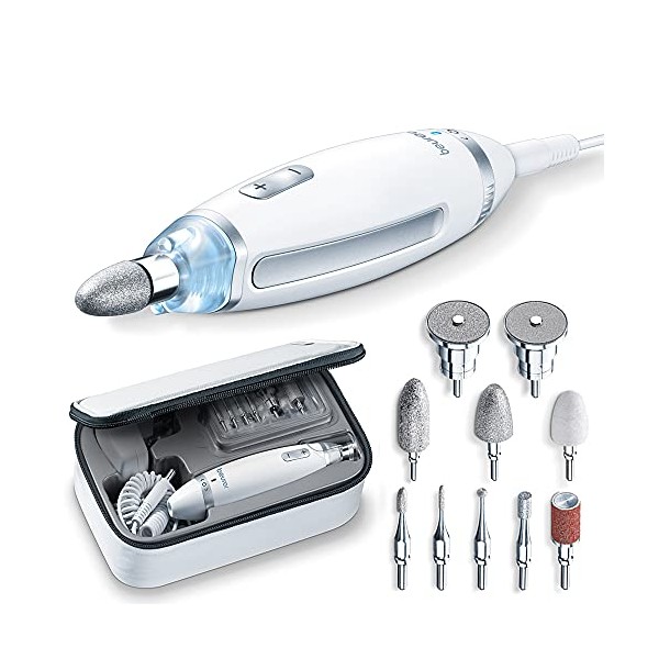 Beurer MP62 Home Manicure and Pedicure Set, Electric Nail File with 10 High-Quality Attachments, LED Precision Light, Fast Rotation (2000-5400rpm), UK Plug and Storage Bag, White