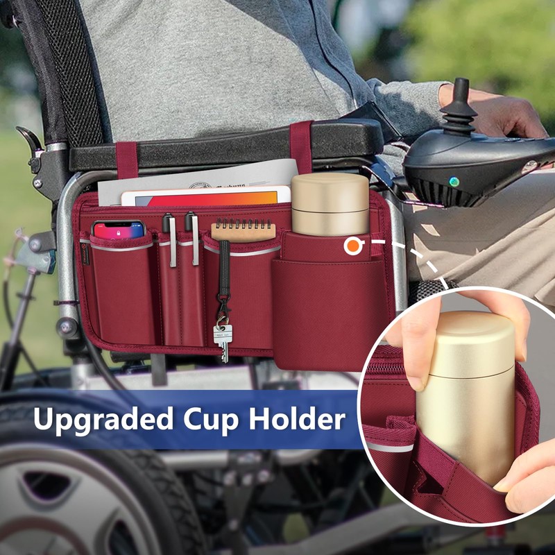 FINPAC Wheelchair Side Storage Bag w/Cup Holder, Wheelchair Armrest Accessories