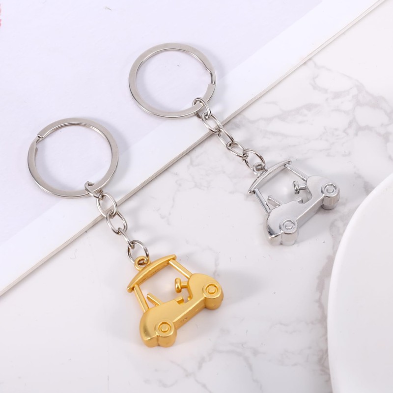 2pcs Golf Cart Keychain, Zinc Alloy Golf Keychain Silver Gold