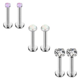 Ruifan 2mm 3mm Opal & 4mm Clear CZ Internally Threaded Stainless Steel Labret Monroe Lip Ring Tragus Helix Earring Stud 16G 1/4" 6mm 6PCS