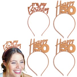 RhinestoneSash 50th Birthday Party Favors - SET OF 4: Rose Gold (1) Its My Birthday Headband & (3) Happy 50 Headbands - Womens Birthday Party Supplies - (1IMB 3Hap50) RG