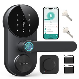 Smart WiFi Door Lock with Handle: SMONET Keyless Entry Lock with Fingerprint for Front Door Anti-peep Keypad Compatible with Alexa