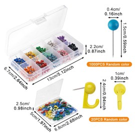1000 Pcs Map Push Pins, Plastic Coloured Round Head Tacks, Push Pins Map Tacks with Hooks, Cork Board Pins Decorative Drawing Pins with Steel Points for World Map, Cork Board, Fabric Marking, DIY
