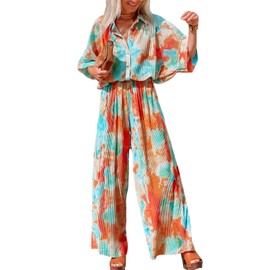 SANHECUN Jumpsuits for Women 2024 Short Sleeve V Neck Button Belted Wide Leg Loose Fit Casual Boho Style Rompers Jumpers (Rainbow, L)
