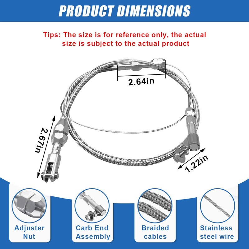 36" Braided Throttle Cable Kit, Universal Accelerator Adjustable Throttle Cables