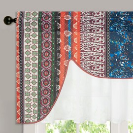 VOGOL Boho Layered Valances for Windows, Colorful Striped Print Scalloped Valance with Sheer for Farmhouse, Linen Textured Rod Pocket Window Treatment, 52 x 18, One Panel