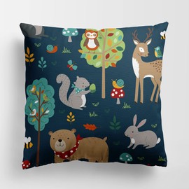 Happy Linen Company Girls Boys Kids Woodland Friends Animals Navy Blue Square 43cm x 43cm Reversible Cushion Covers