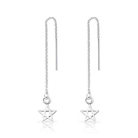 DTPsilver® 925 Sterling Silver Pull Through/Thread Style Drop Chain Earrings and Small Cut-out Star - Length: 76 mm - Star Dimension: 7 x 10 mm