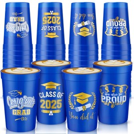 Ramede 60 Pcs 16 oz Graduation Cups 2025 Reusable Plastic Cups for Class of 2025 Theme Party Favors Congrats Grad Graduation Party Decorations Supplies(Blue)