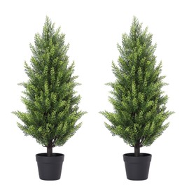 3FT Artificial Cedar Topiary Trees Set of 2 - Realistic Faux Pine Shrubs with UV Resistant for Outdoor Planter Decor, 3 Feet Potted Fake Cypress Plants for Porch, Front Door, Patio Decoration UV Rated