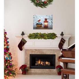 Cardinal and Lantern in a Snowy Winter Scene - Lighted Lantern Canvas Print - LED Wall Art - Christmas Decoration - Measures 15.75" X 11.75"